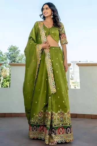 green thread embroidered silk mehendi lehenga set choli with dupatta