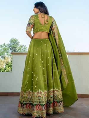 green thread embroidered silk mehendi lehenga set choli with dupatta 6