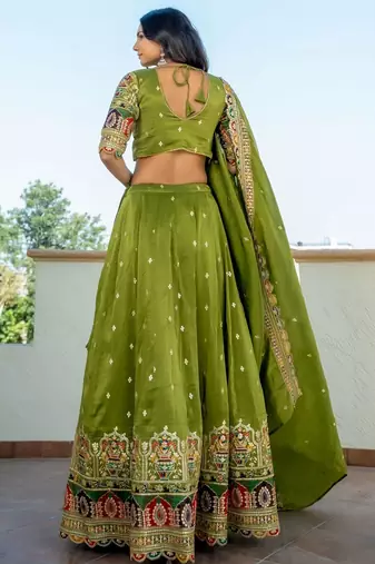 green thread embroidered silk mehendi lehenga set choli with dupatta