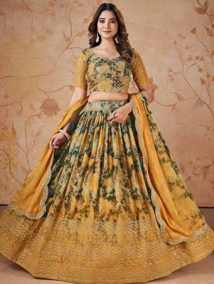 yellow georgette digital printed party lehenga set choli with dupatta 1