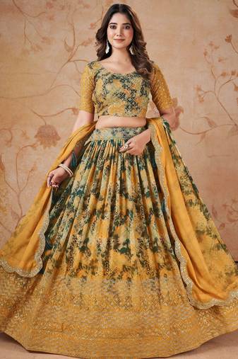 Incredible Yellow Georgette Digital Printed Party Wear Lehenga Choli