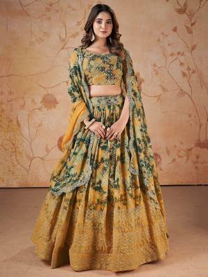 yellow georgette digital printed party lehenga set choli with dupatta 2