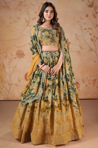 yellow georgette digital printed party lehenga set choli with dupatta