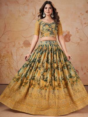 yellow georgette digital printed party lehenga set choli with dupatta 3