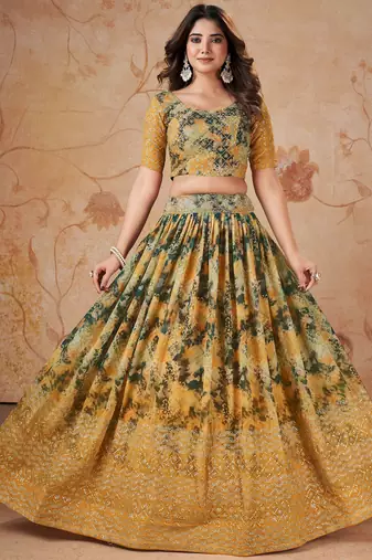 yellow georgette digital printed party lehenga set choli with dupatta