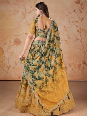 yellow georgette digital printed party lehenga set choli with dupatta 4