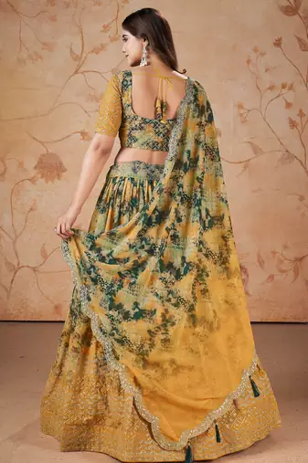 yellow georgette digital printed party lehenga set choli with dupatta