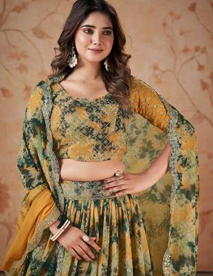yellow georgette digital printed party lehenga set choli with dupatta 5
