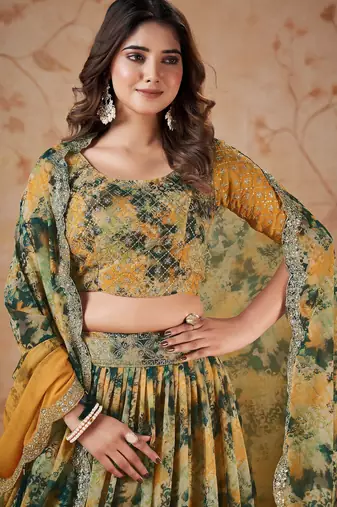 yellow georgette digital printed party lehenga set choli with dupatta