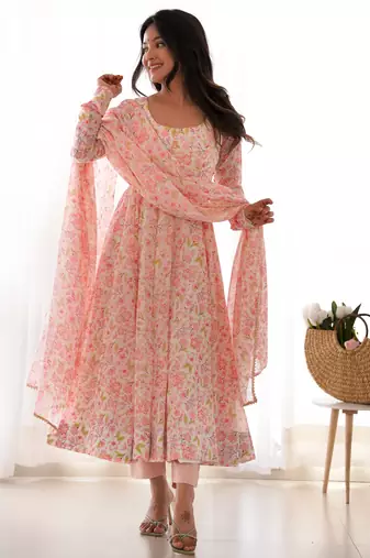 Floral Print Chiffon Fabric Orange Color Flared Anarkali Kurti With Pant and Dupatta