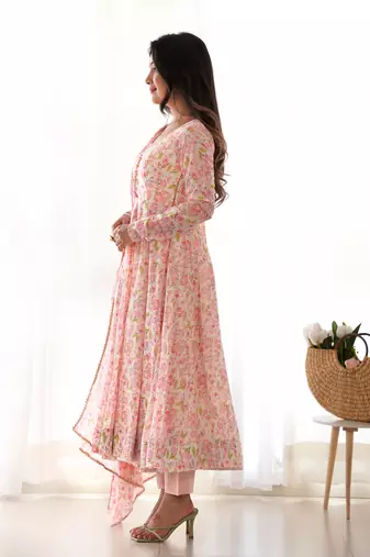 Floral Print Chiffon Fabric Orange Color Flared Anarkali Kurti With Pant and Dupatta