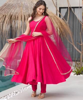 Pink silk Chanderi Fabric Fully Flair Anarkali Kurti With Pant Dupatta Set 1