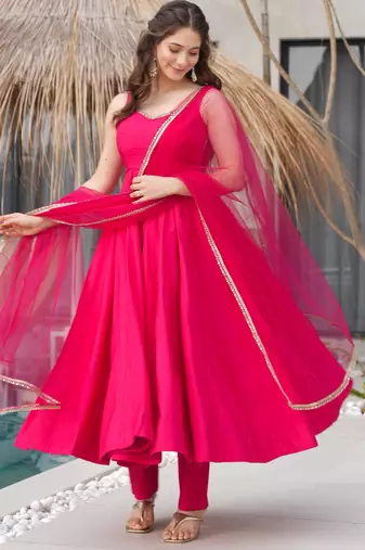 Pink silk Chanderi Fabric Fully Flair Anarkali Kurti With Pant Dupatta Set