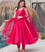 Pink silk Chanderi Fabric Fully Flair Anarkali Kurti With Pant Dupatta Set