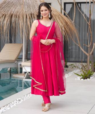 Pink silk Chanderi Fabric Fully Flair Anarkali Kurti With Pant Dupatta Set 3