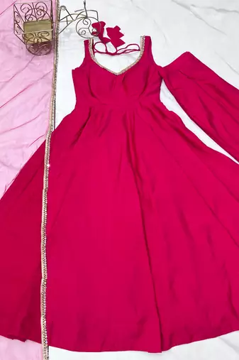 Pink silk Chanderi Fabric Fully Flair Anarkali Kurti With Pant Dupatta Set