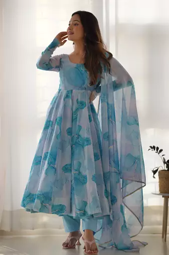 Marble Print Organza Silk Fabric Fully Flair Kali Pattern Anarkali Kurti With Dupatta Set