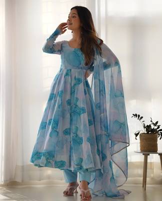 Marble Print Organza Silk Fabric Fully Flair Kali Pattern Anarkali Kurti With Dupatta Set 1