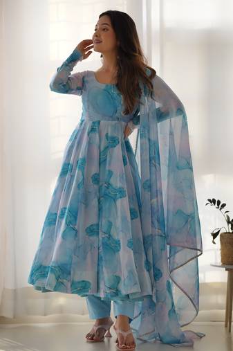 Marble Print Organza Silk Fabric Fully Flair Kali Pattern Anarkali Kurti With Dupatta Set