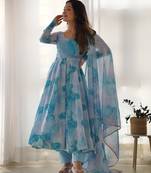 Marble Print Organza Silk Fabric Fully Flair Kali Pattern Anarkali Kurti With Dupatta Set