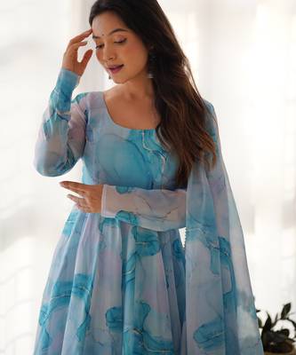 Marble Print Organza Silk Fabric Fully Flair Kali Pattern Anarkali Kurti With Dupatta Set 4