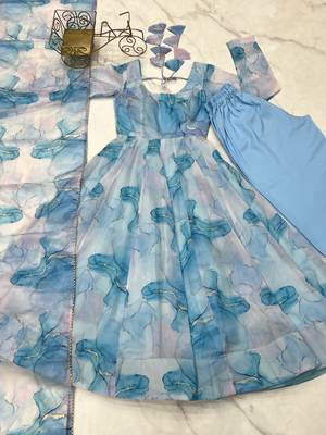 Marble Print Organza Silk Fabric Fully Flair Kali Pattern Anarkali Kurti With Dupatta Set 5