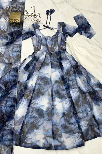 Marble Print Organza Silk Fabric Fully Flair Kali Pattern Anarkali Kurti With Dupatta Set