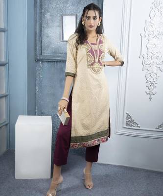Beige embroidered silk straight cut kurta 1