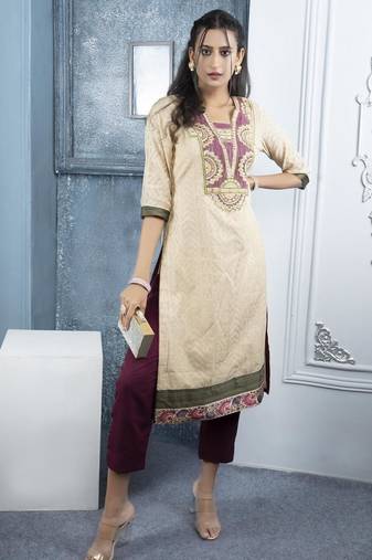 Beige embroidered silk straight cut kurta