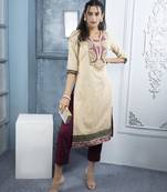 Beige embroidered silk straight cut kurta