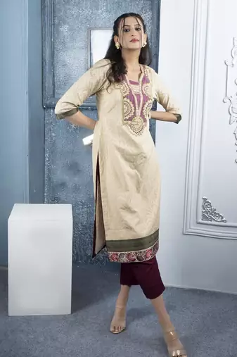 Beige embroidered silk straight cut kurta