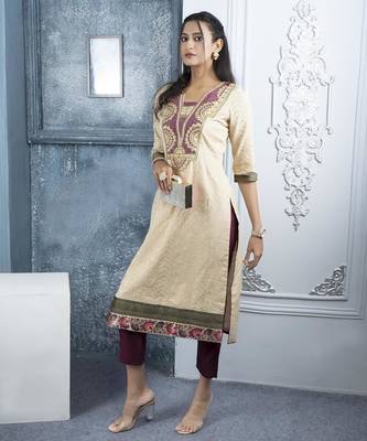 Beige embroidered silk straight cut kurta 3
