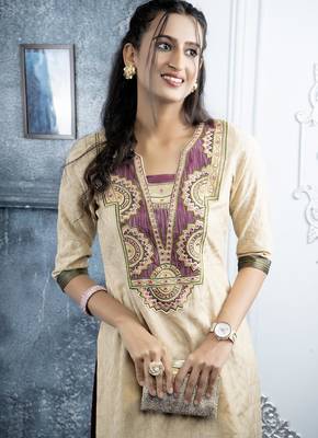 Beige embroidered silk straight cut kurta 4