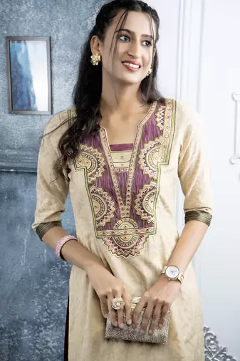 Beige embroidered silk straight cut kurta