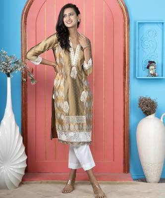 Antique-gold embroidered silk straight cut kurta 2