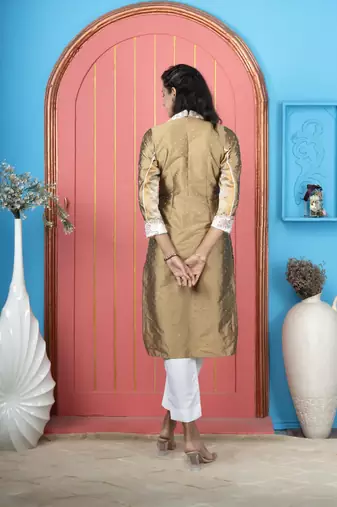 Antique-gold embroidered silk straight cut kurta