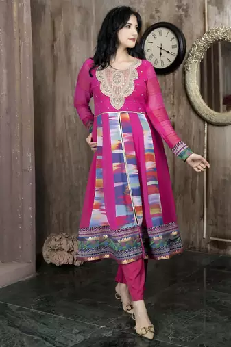 Pink embroidered georgette asymmetrical  kurta