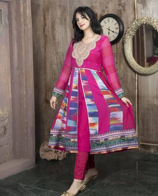 Pink embroidered georgette asymmetrical  kurta 3