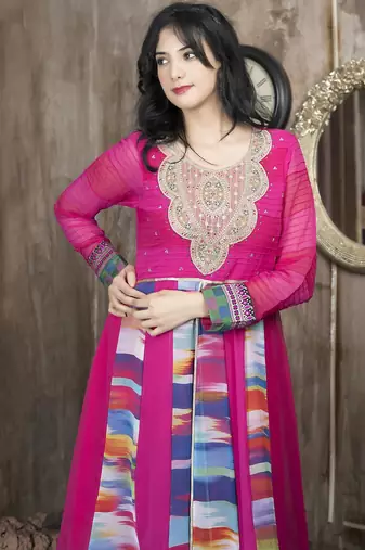 Pink embroidered georgette asymmetrical  kurta