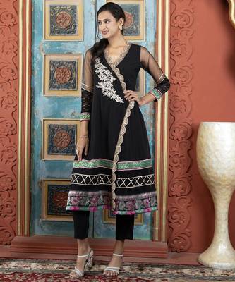 Black embroidered georgette asymmetrical  kurta 2