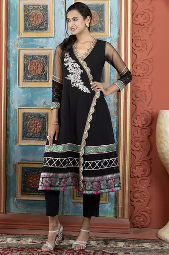 Black embroidered georgette asymmetrical  kurta