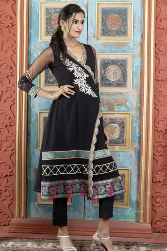 Black embroidered georgette asymmetrical  kurta