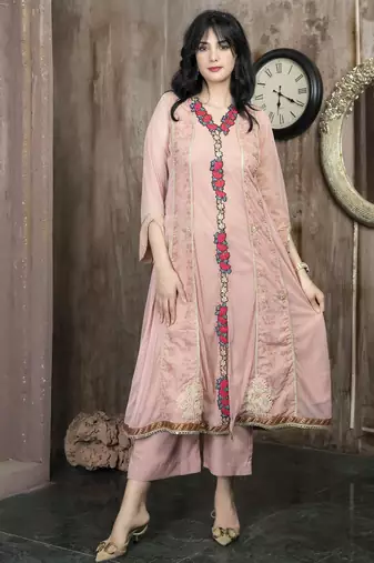 Peach embroidered net anarkali kurta