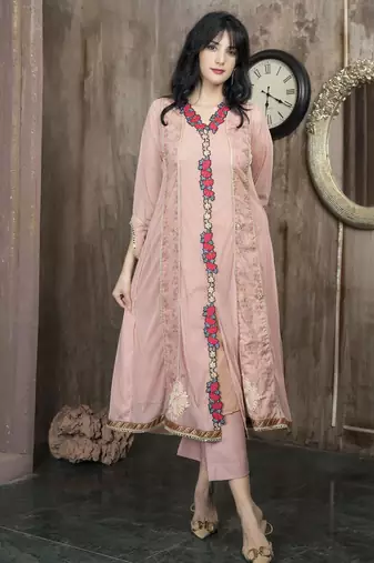 Peach embroidered net anarkali kurta