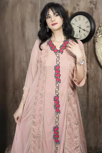 Peach embroidered net anarkali kurta