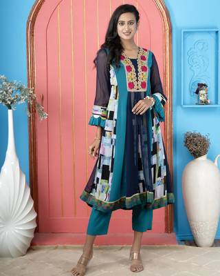 Navy-blue embroidered georgette anarkali kurta 1