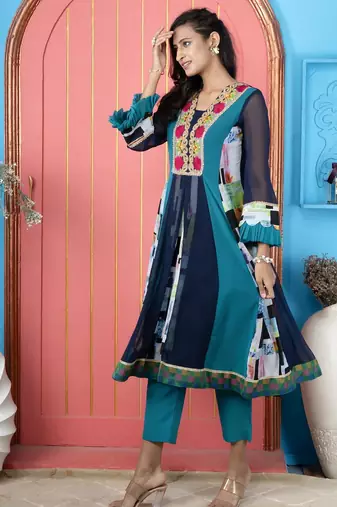 Navy-blue embroidered georgette anarkali kurta