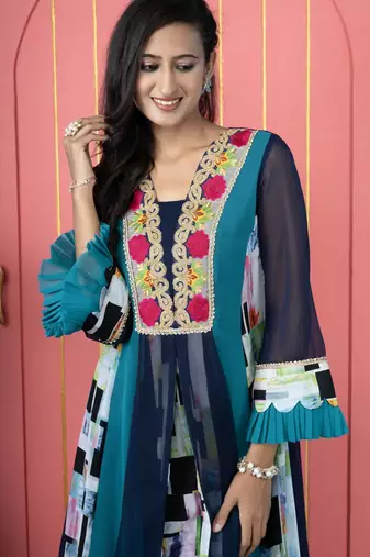 Navy-blue embroidered georgette anarkali kurta