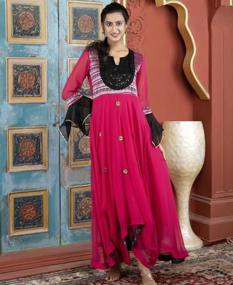 Pink embroidered georgette asymmetrical  kurta 1