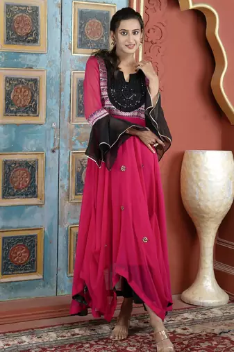 Pink embroidered georgette asymmetrical  kurta